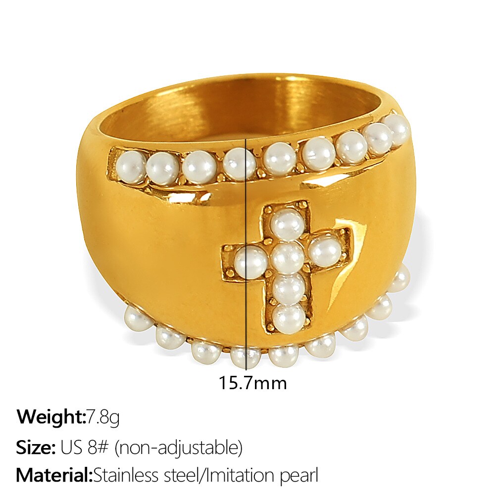 1 Piece Simple Series Retro Cross Stainless Steel 18K Gold Color Plated Artificial Pearl Women's Adjustable Rings h5 